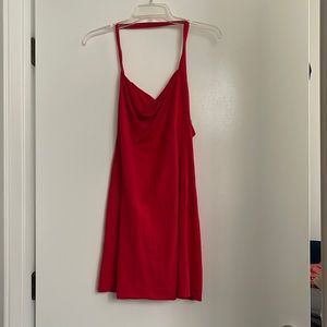 Red halter neck open back mini dress